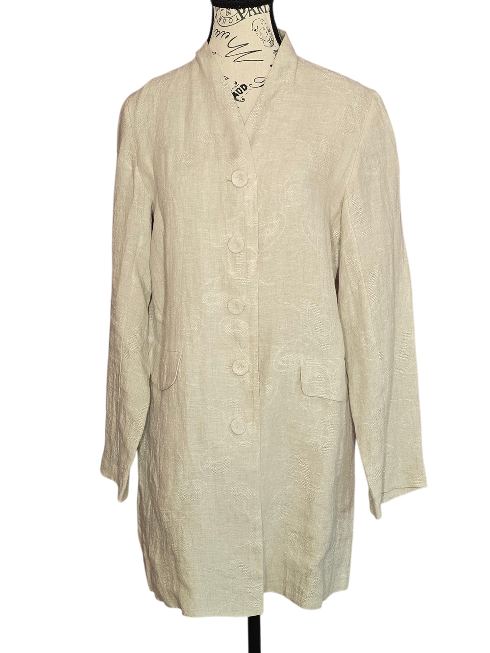 Eileen Fisher Beige Taupe 100% Linen Long Button Jacquard Jacket  Petite Medium